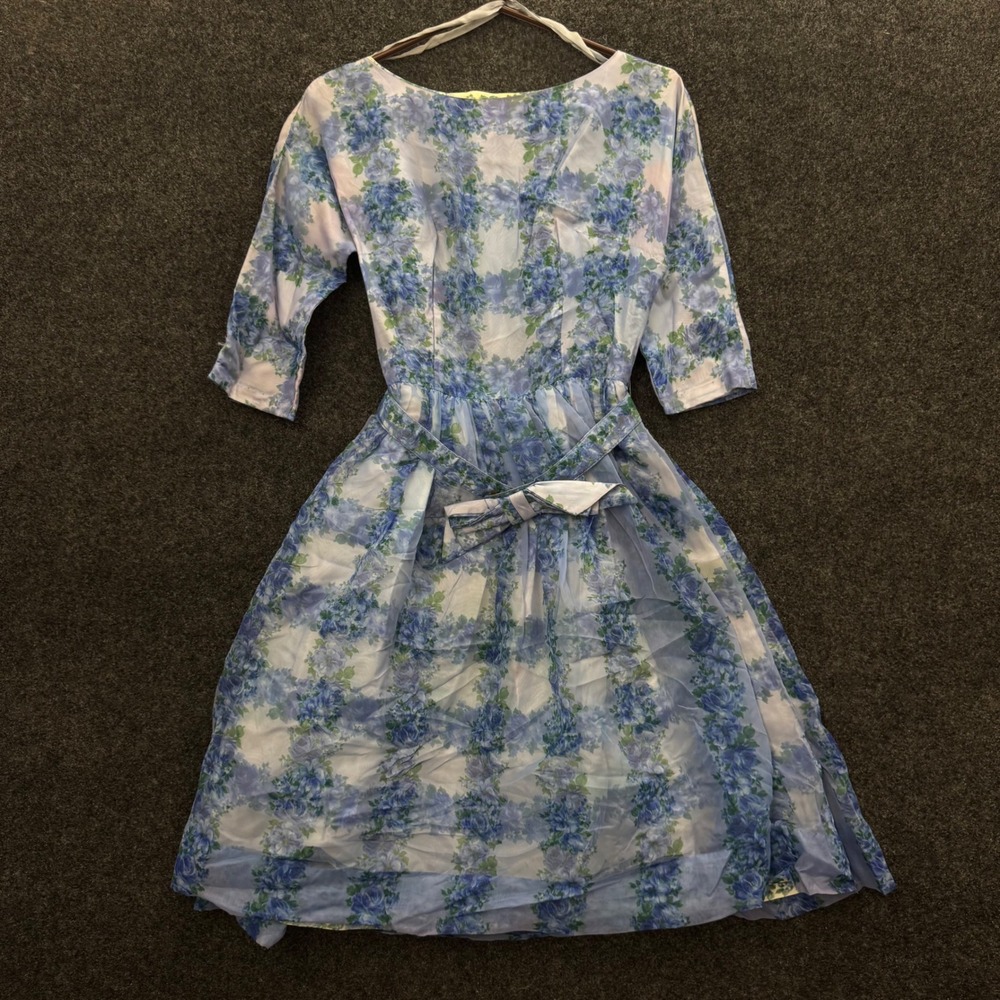 Vintage 50s Blue Floral Organza Party Dress 3/4 Sleeve Mid Century Garden Print